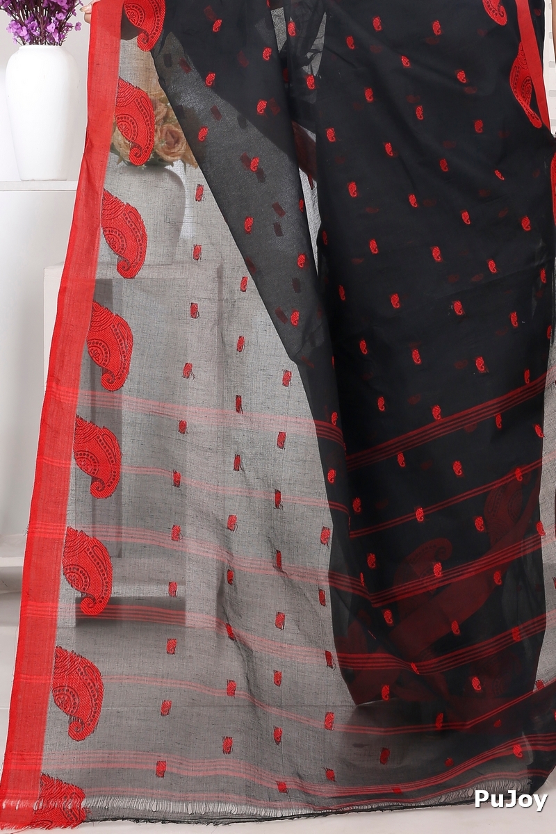 Black Pure Cotton Epto Shonko Tant Saree (1474)