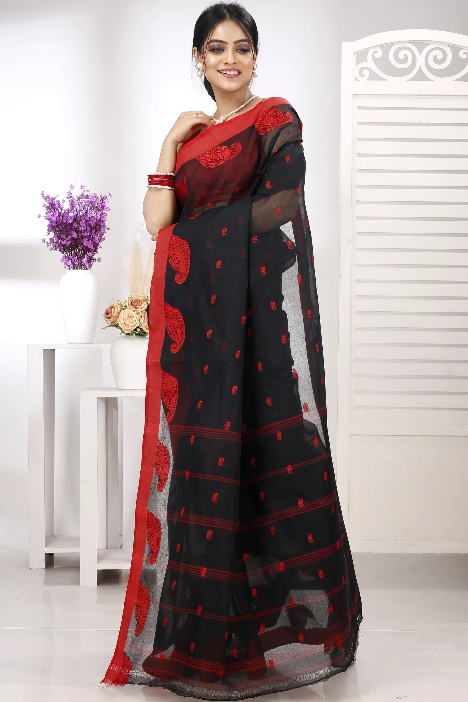 Black Pure Cotton Epto Shonko Tant Saree (1474)