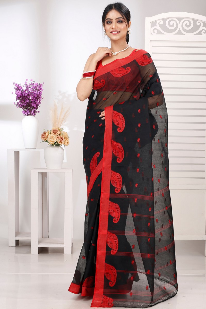 Black Pure Cotton Epto Shonko Tant Saree (1474)