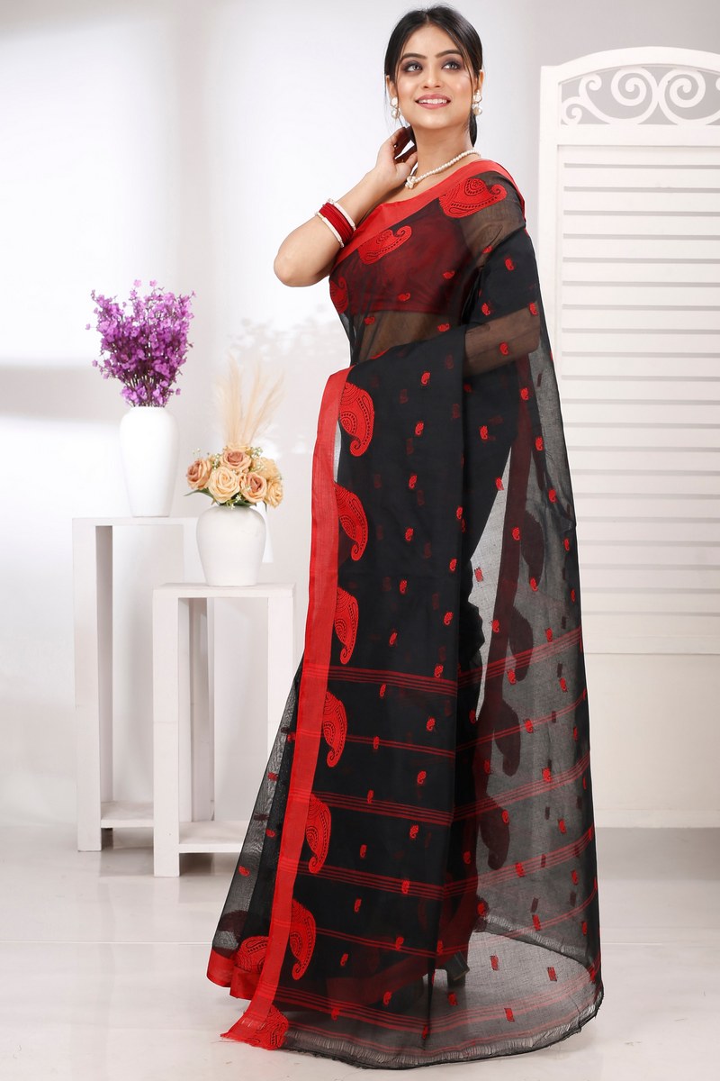 Black Pure Cotton Epto Shonko Tant Saree (1474)