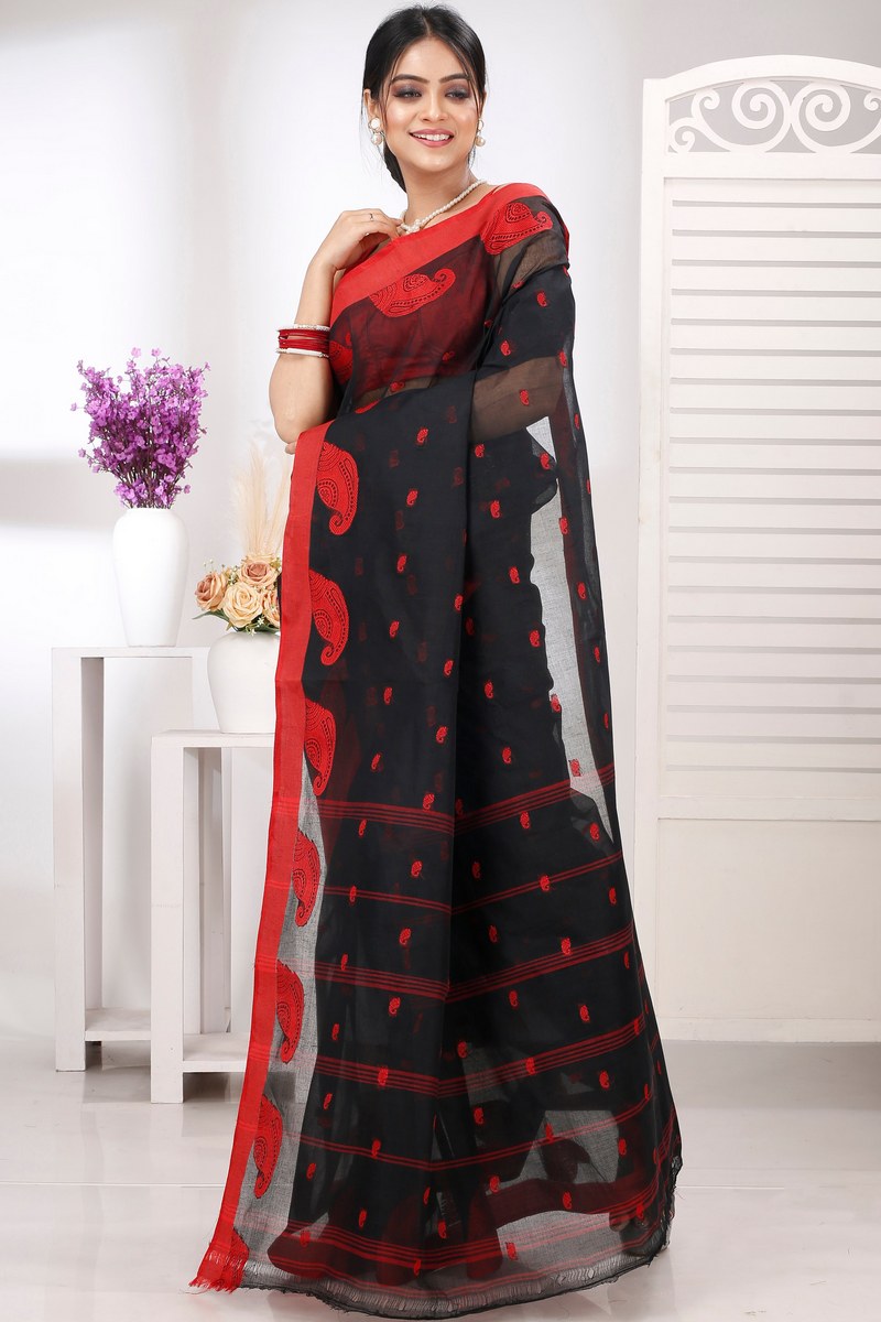 Black Pure Cotton Epto Shonko Tant Saree (1474)