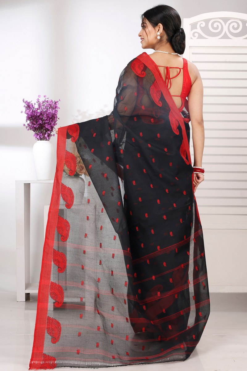 Black Pure Cotton Epto Shonko Tant Saree (1474)