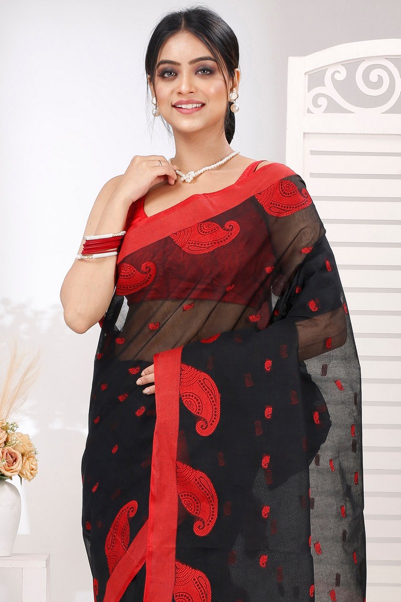 Black Pure Cotton Epto Shonko Tant Saree (1474)