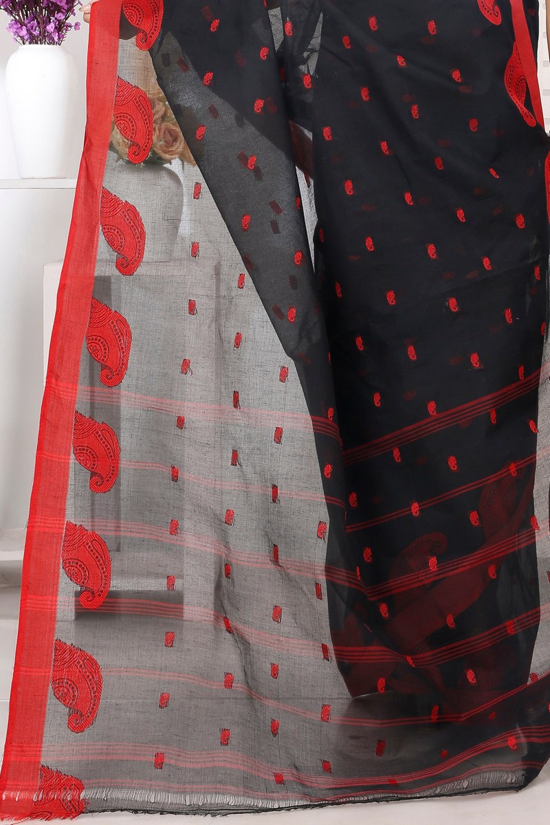 Black Pure Cotton Epto Shonko Tant Saree (1474)