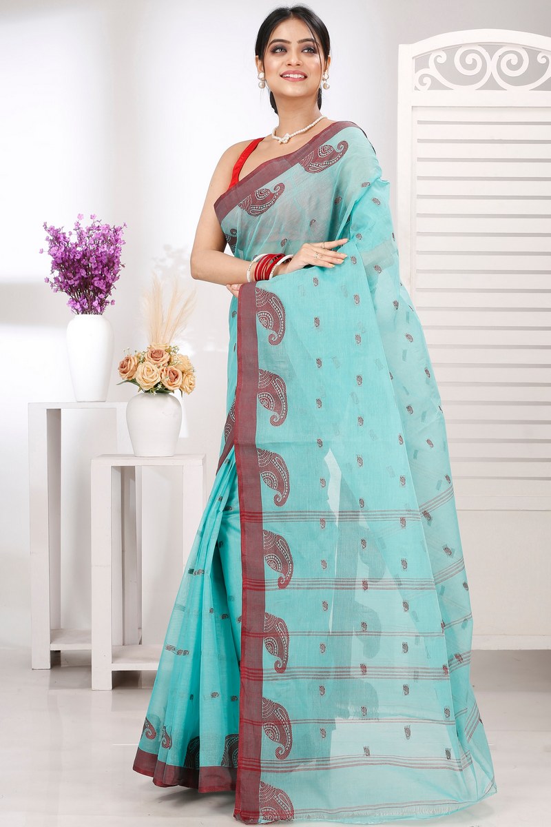 See Green Pure Cotton Epto Shonko Tant Saree (1475)