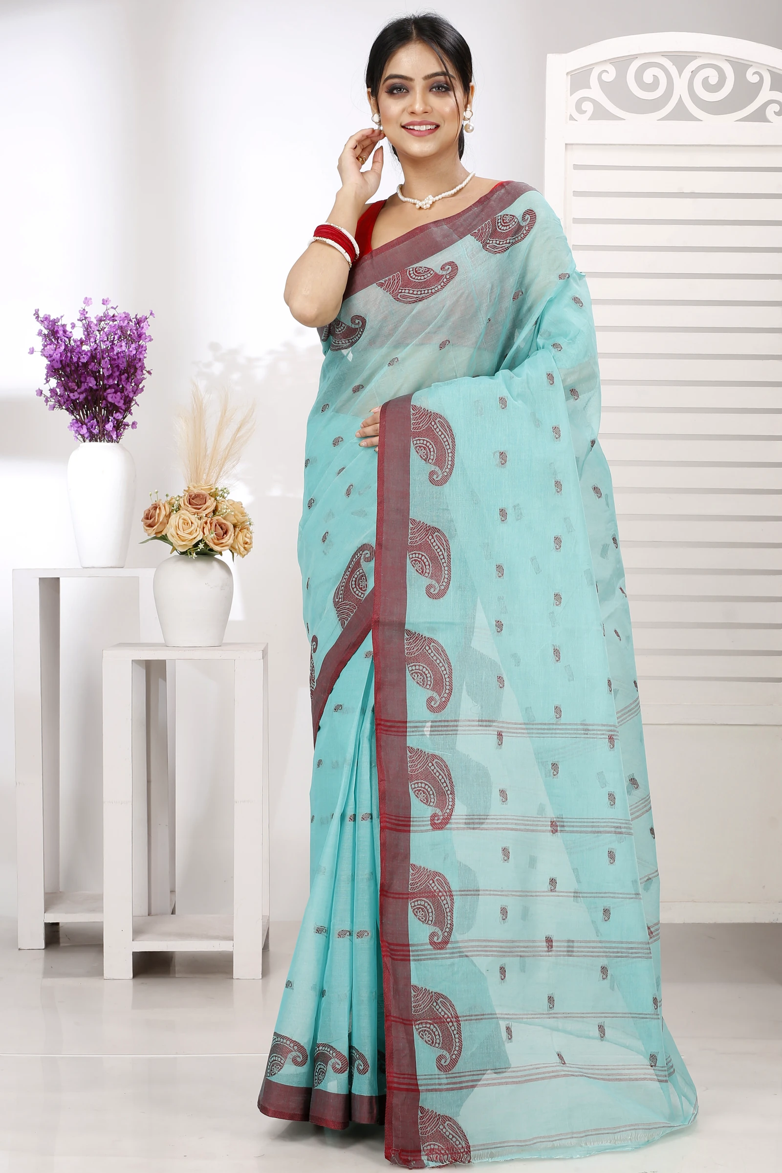 See Green Pure Cotton Epto Shonko Tant Saree (1475)