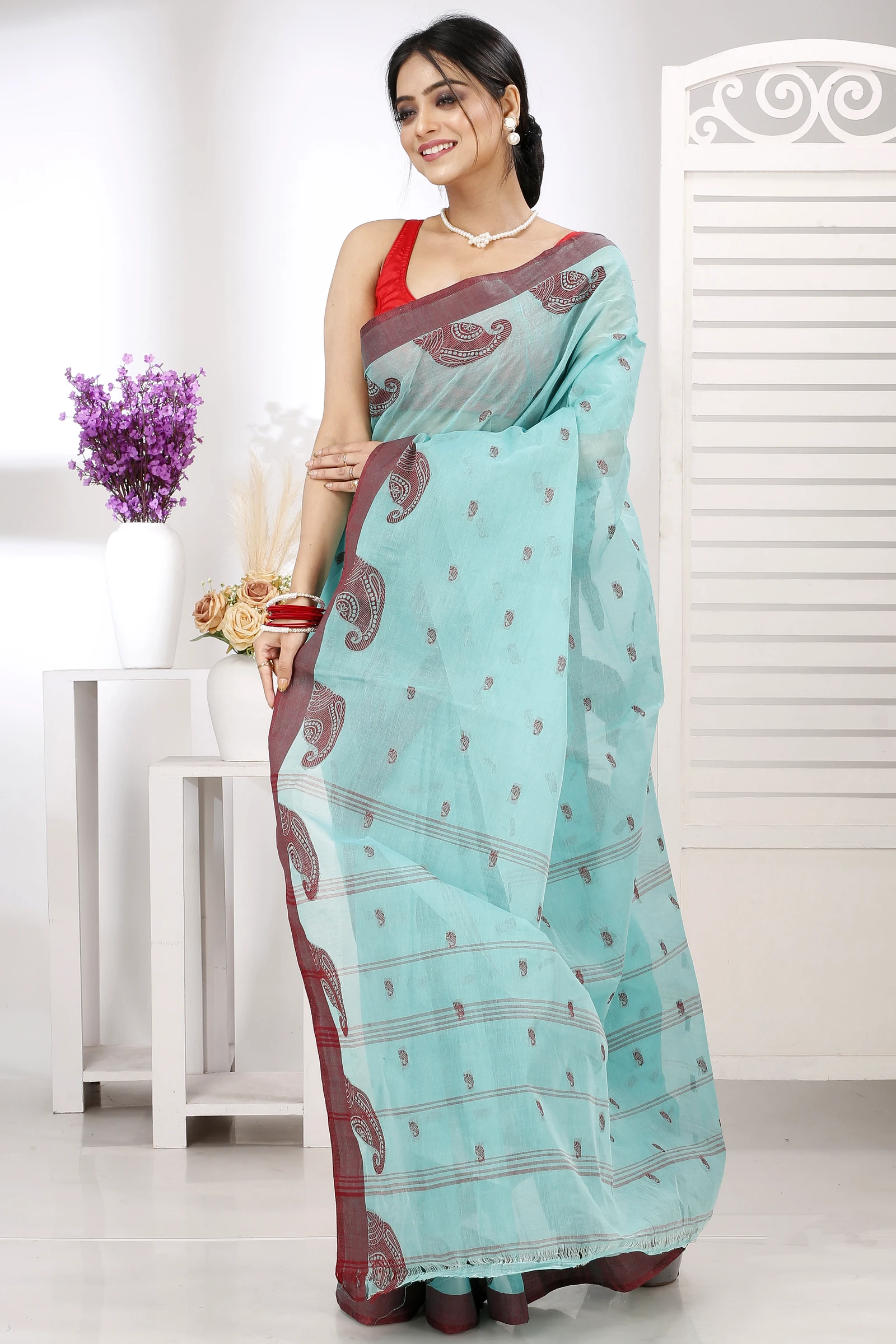 See Green Pure Cotton Epto Shonko Tant Saree (1475)