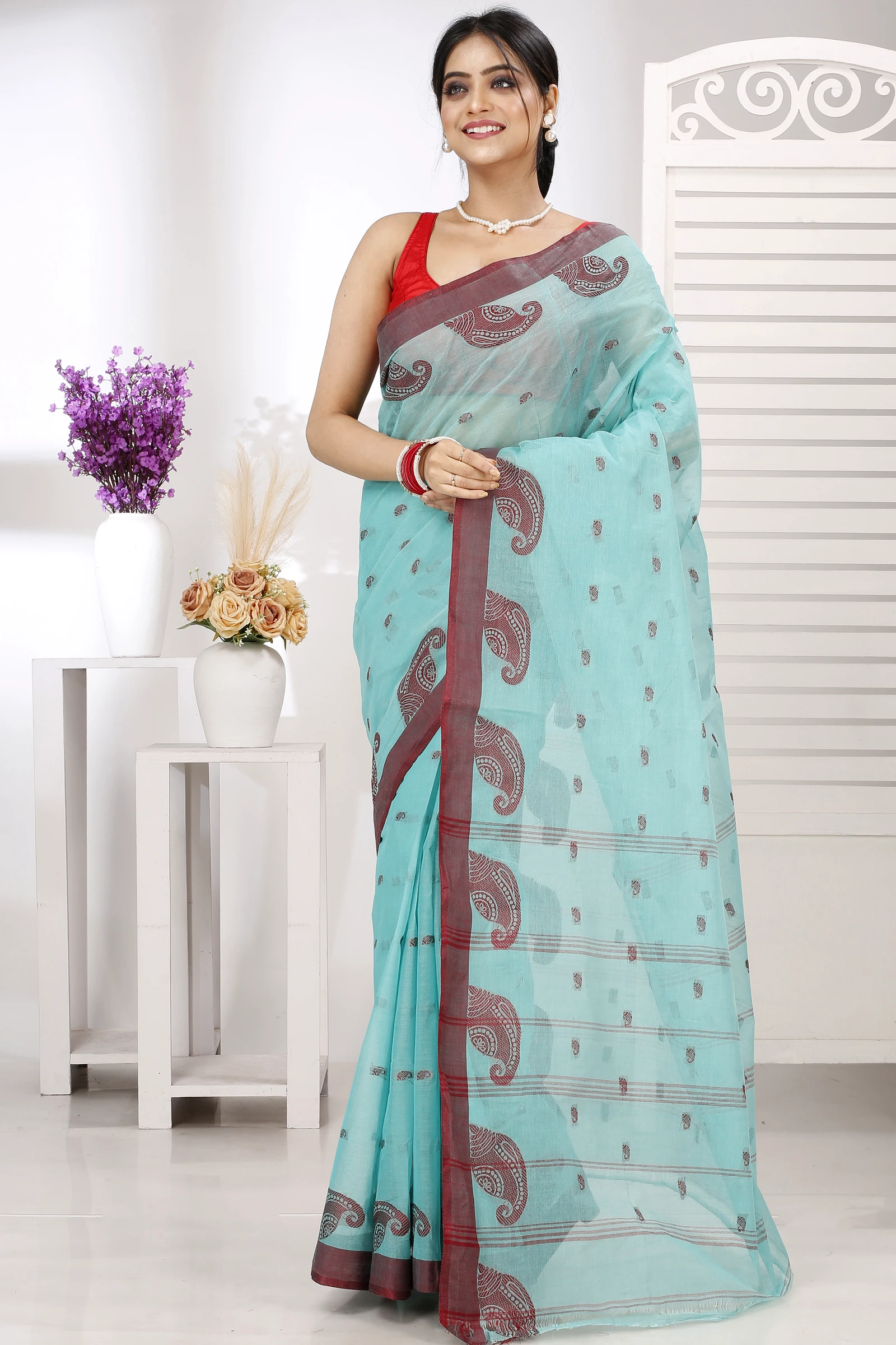 See Green Pure Cotton Epto Shonko Tant Saree (1475)