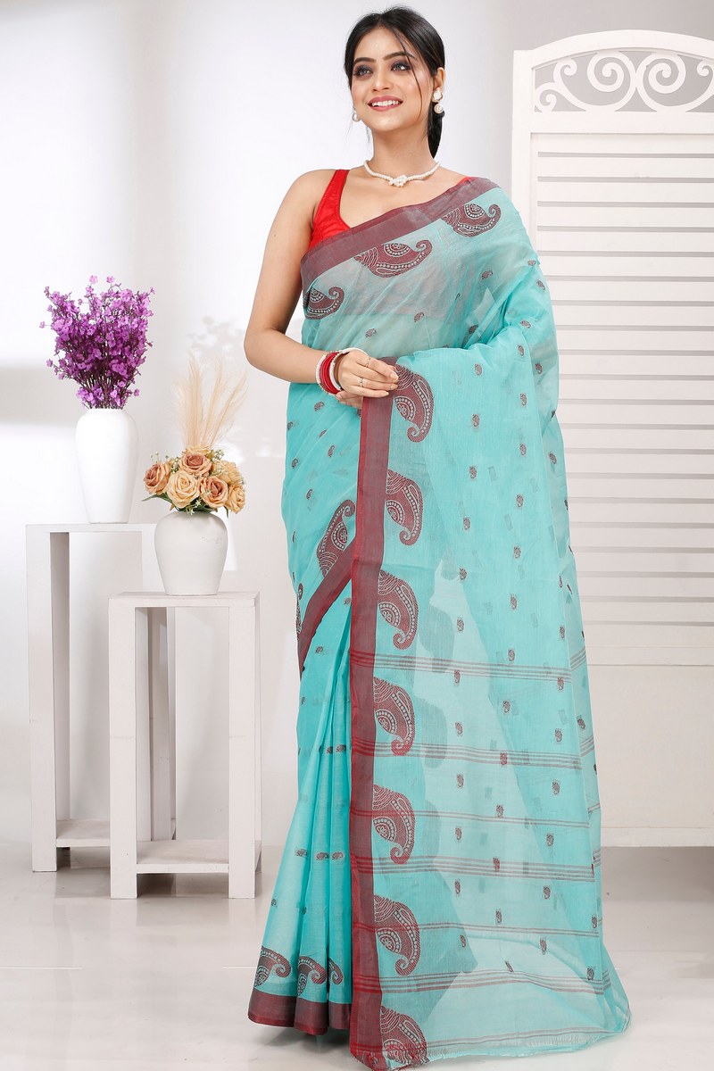 See Green Pure Cotton Epto Shonko Tant Saree (1475)