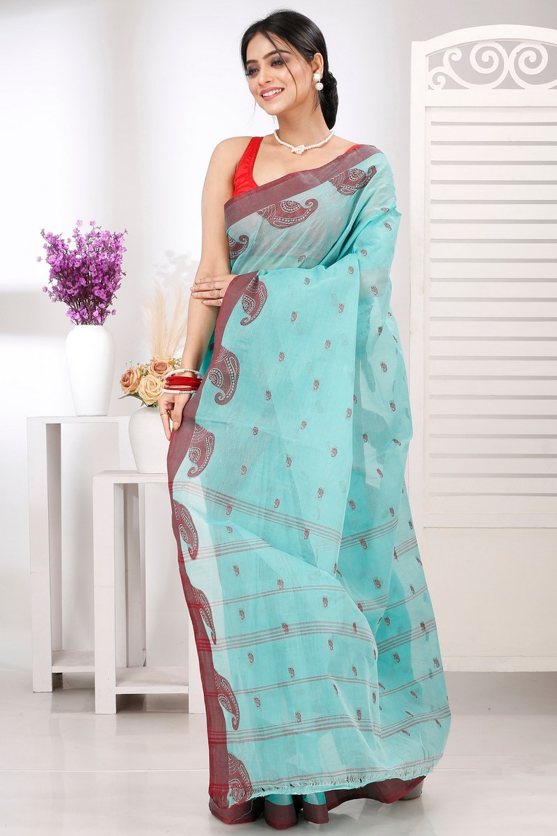 See Green Pure Cotton Epto Shonko Tant Saree (1475)