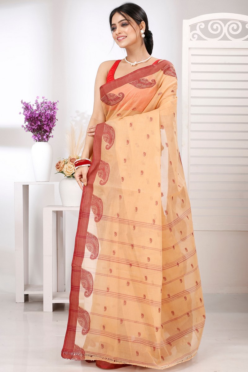 Cream Pure Cotton Epto Shonko Tant Saree (1476)