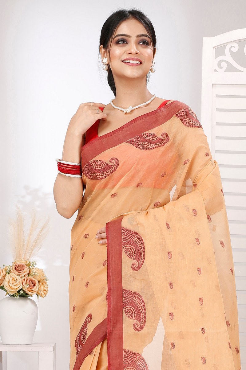 Cream Pure Cotton Epto Shonko Tant Saree (1476)