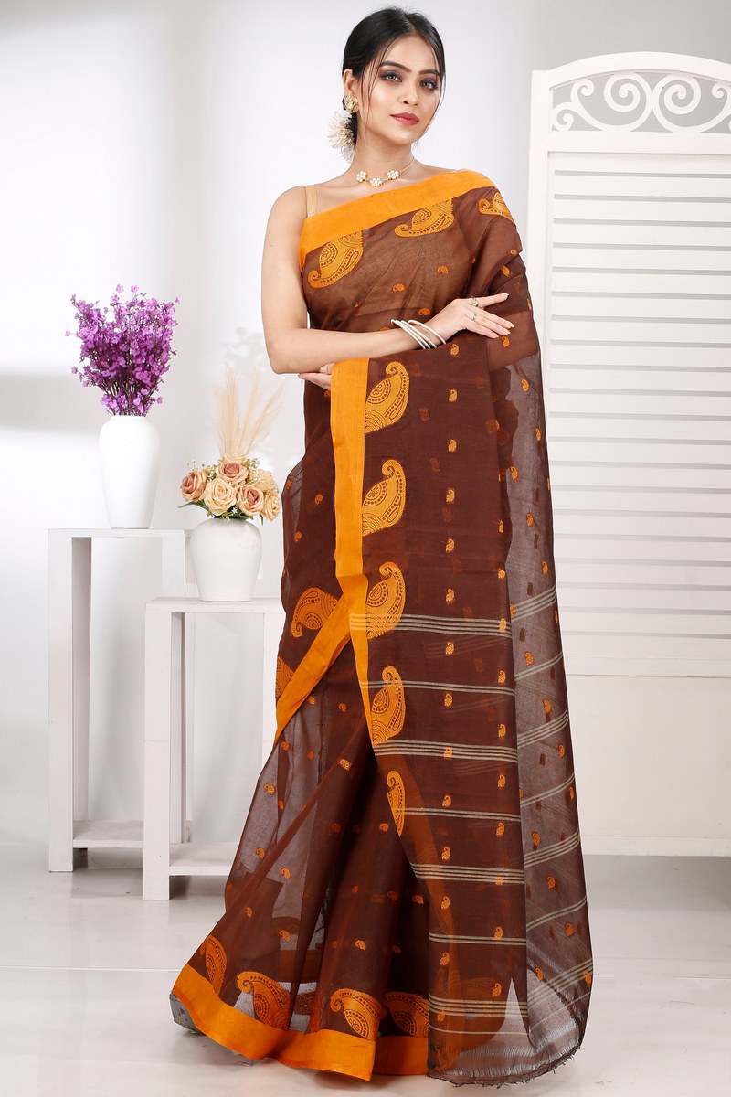 Brown Pure Cotton Epto Shonko Tant Saree (1477)