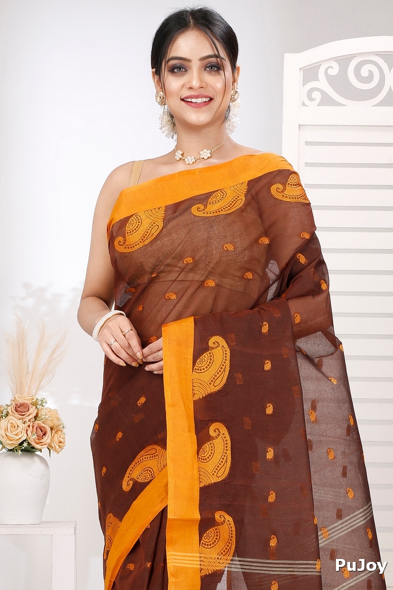 Brown Pure Cotton Epto Shonko Tant Saree (1477)