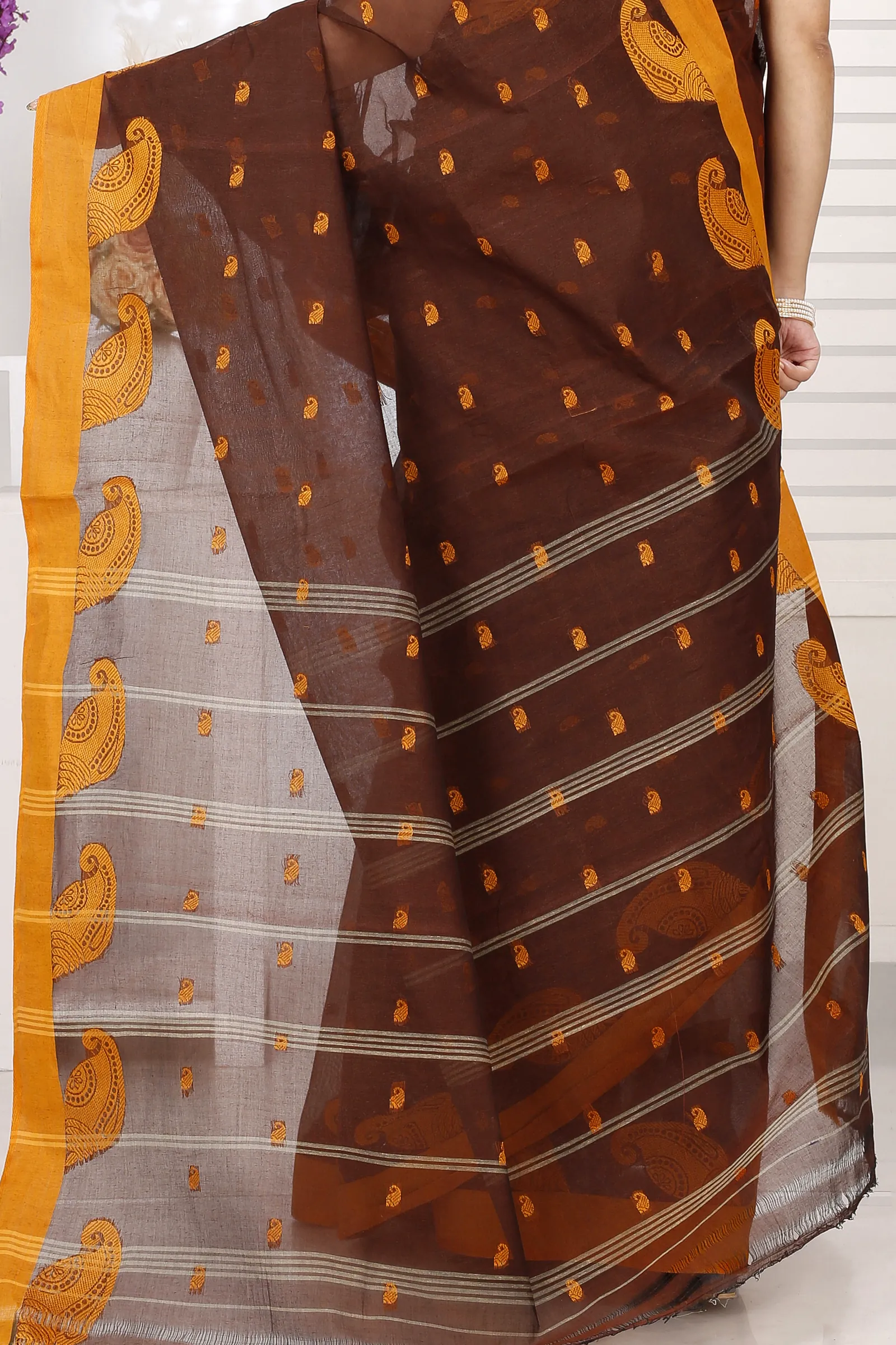 Brown Pure Cotton Epto Shonko Tant Saree (1477)