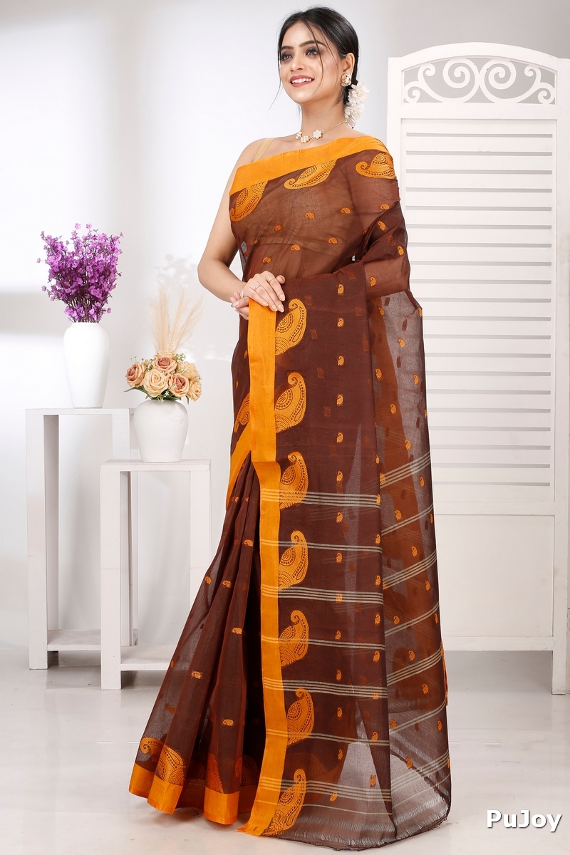 Brown Pure Cotton Epto Shonko Tant Saree (1477)