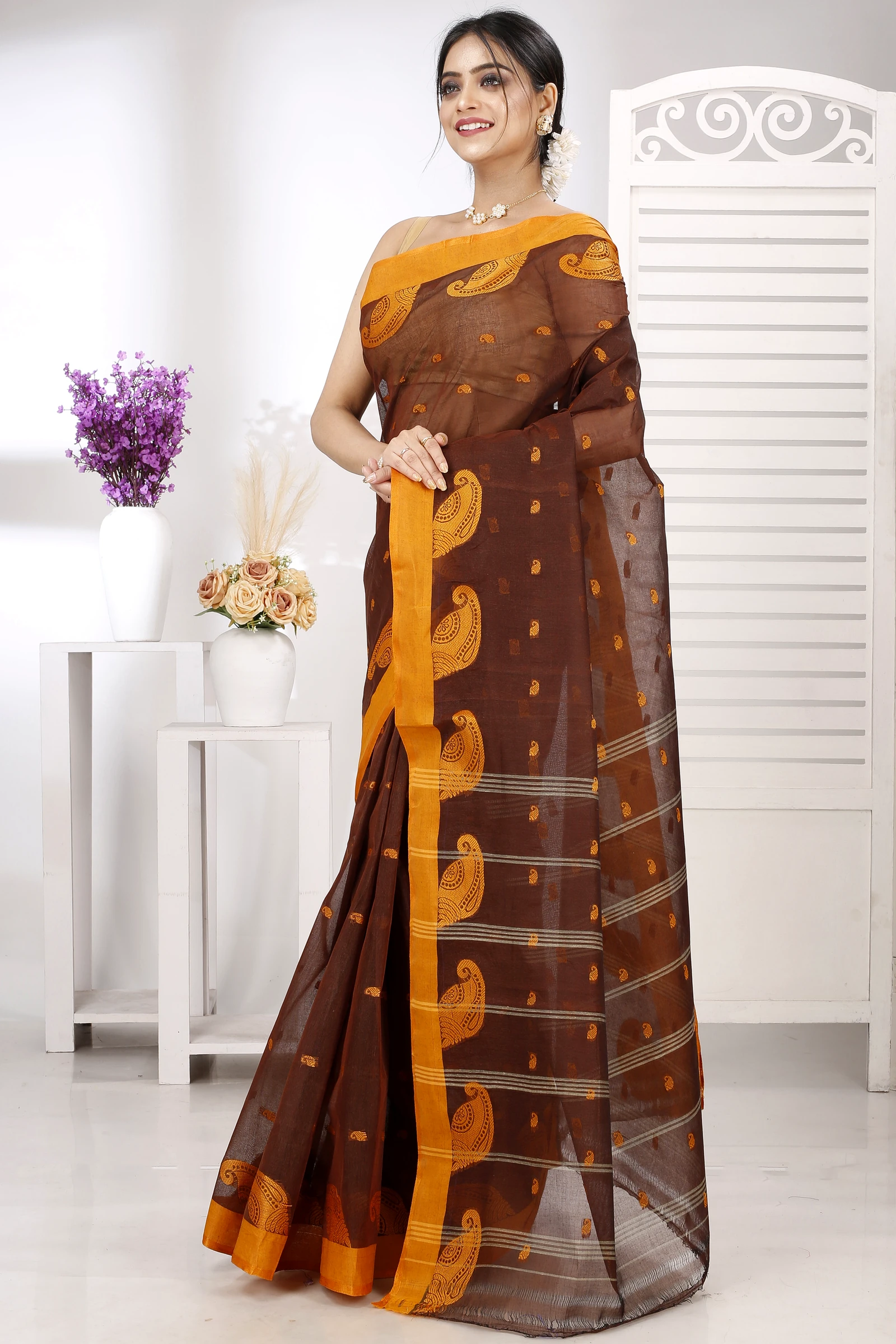 Brown Pure Cotton Epto Shonko Tant Saree (1477)