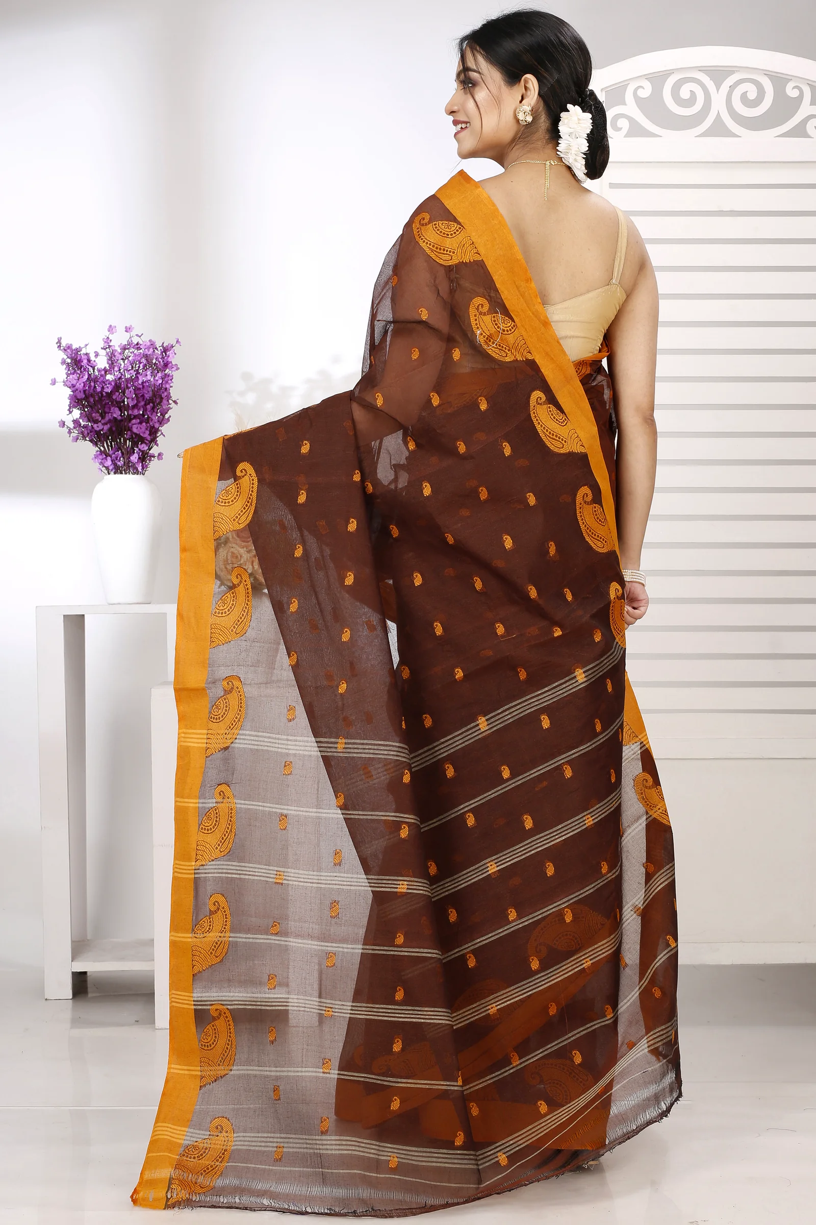 Brown Pure Cotton Epto Shonko Tant Saree (1477)