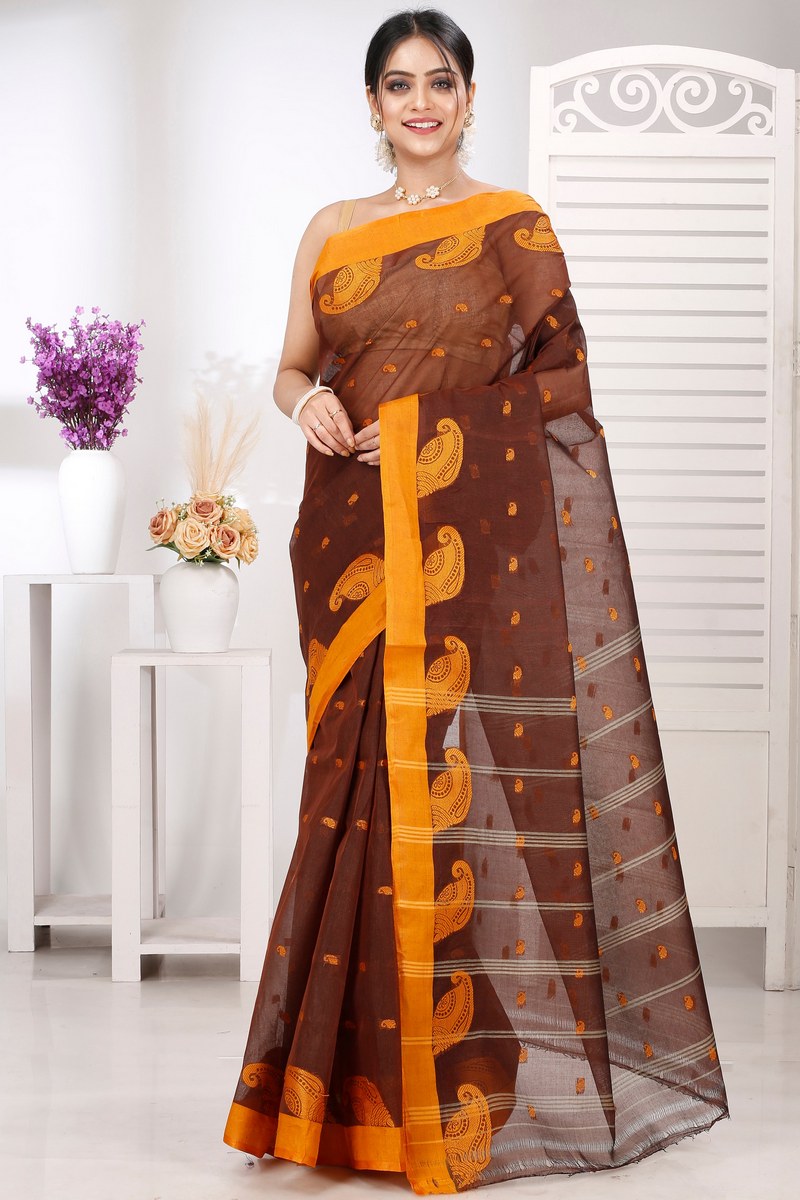 Brown Pure Cotton Epto Shonko Tant Saree (1477)