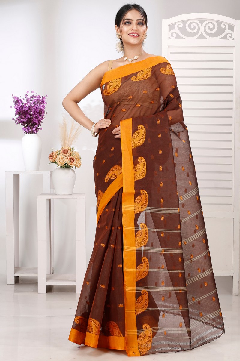 Brown Pure Cotton Epto Shonko Tant Saree (1477)