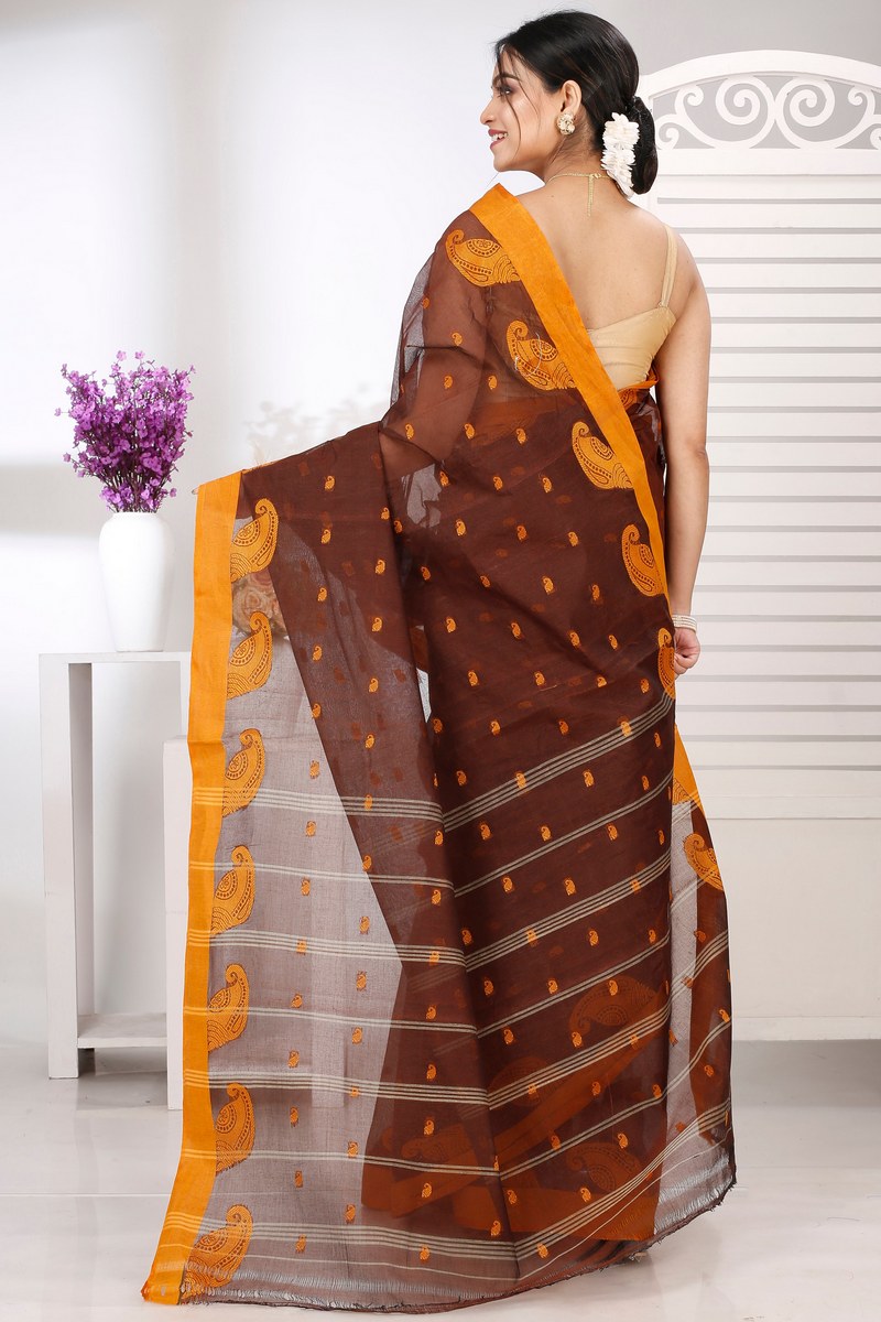 Brown Pure Cotton Epto Shonko Tant Saree (1477)