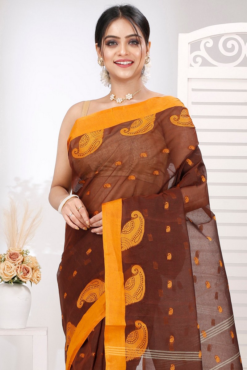 Brown Pure Cotton Epto Shonko Tant Saree (1477)