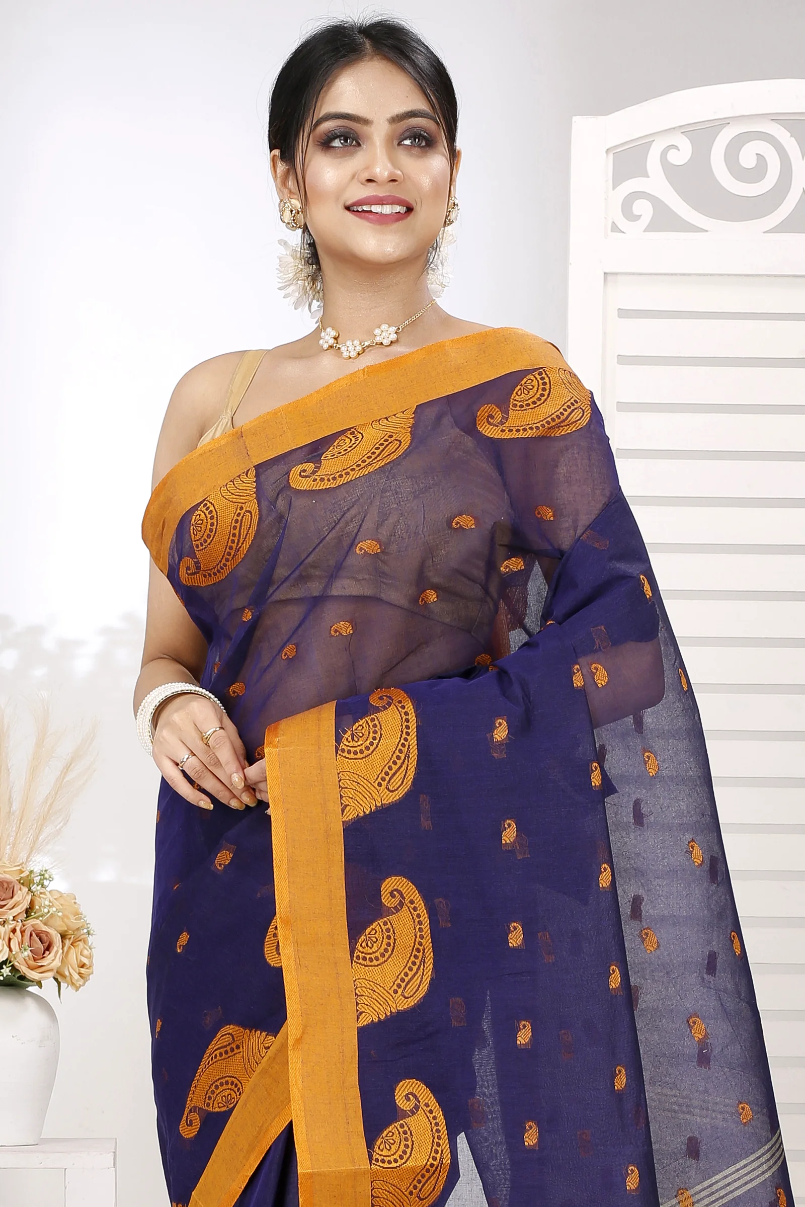 Naby Blue Pure Cotton Epto Shonko Tant Saree (1478)