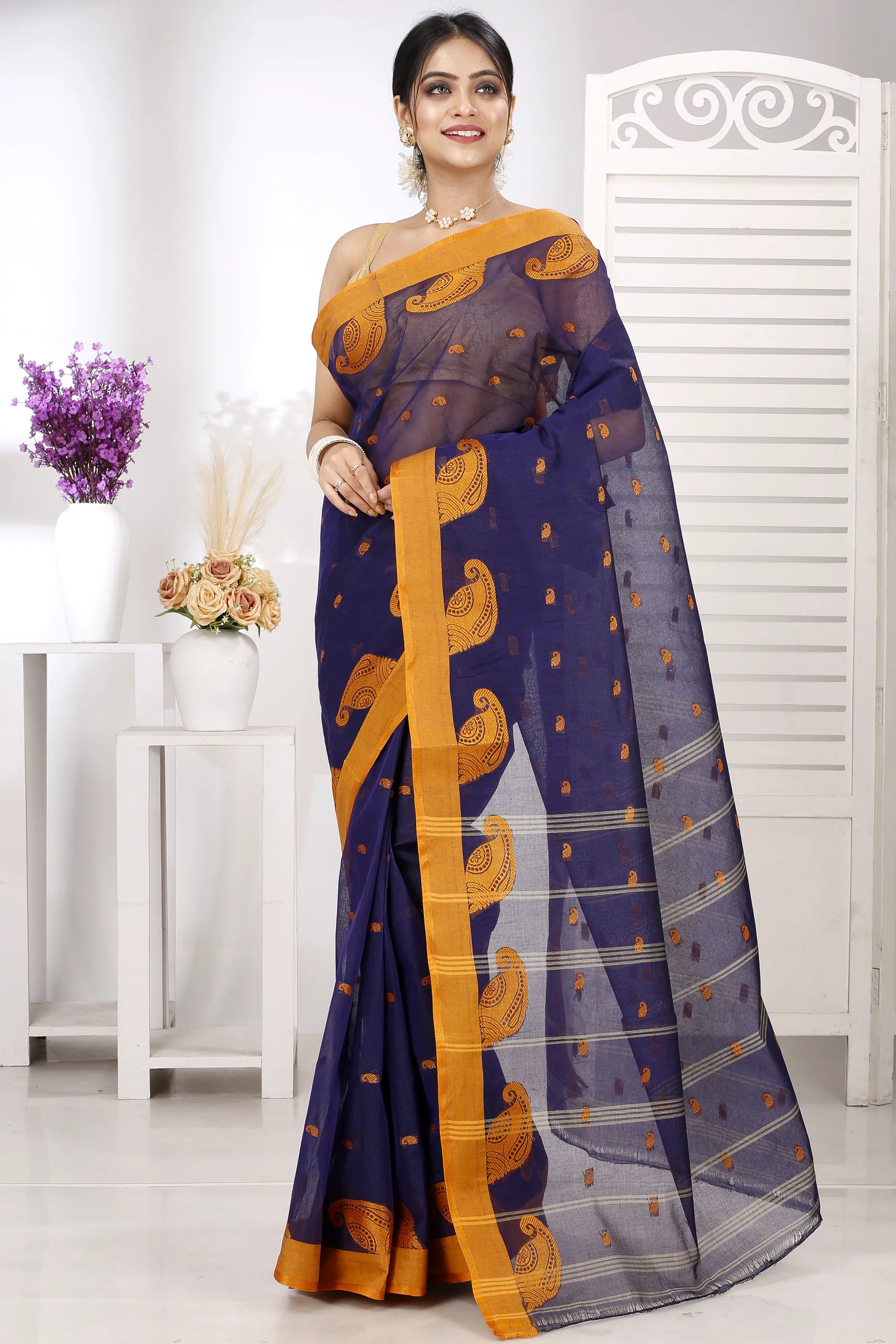 Naby Blue Pure Cotton Epto Shonko Tant Saree (1478)