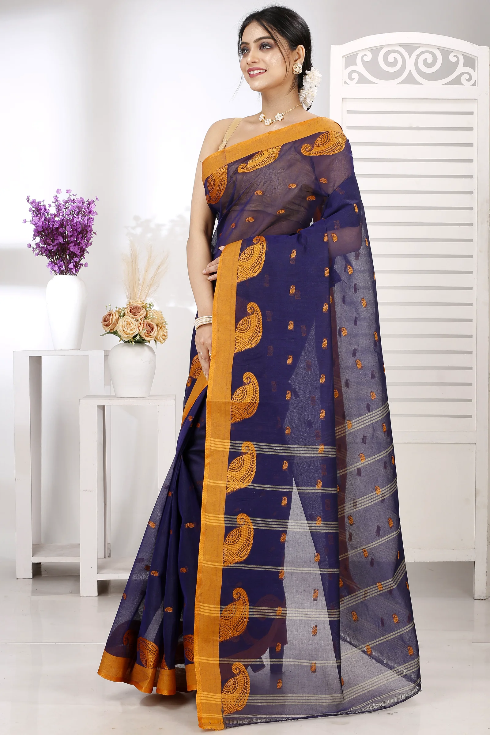 Naby Blue Pure Cotton Epto Shonko Tant Saree (1478)