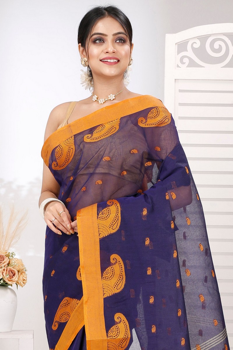 Naby Blue Pure Cotton Epto Shonko Tant Saree (1478)