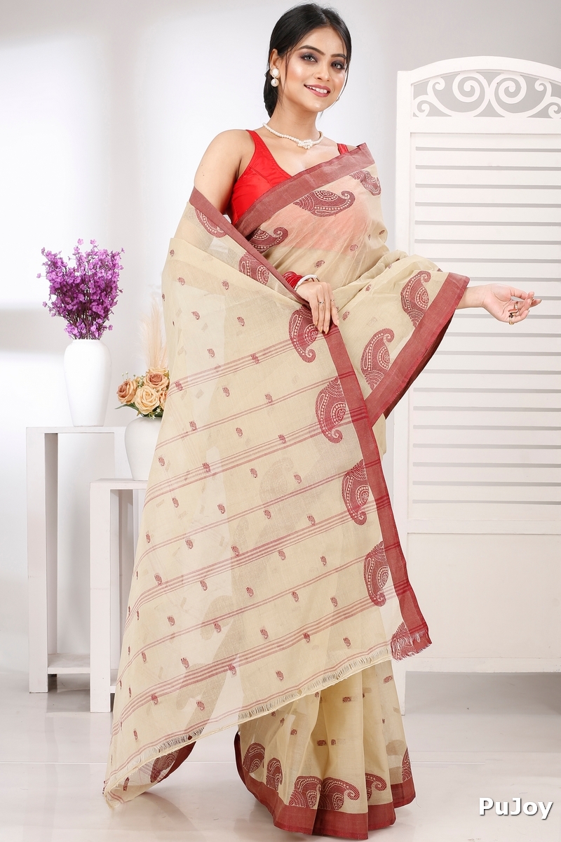 Off-White Pure Cotton Epto Shonko Tant Saree (1480)