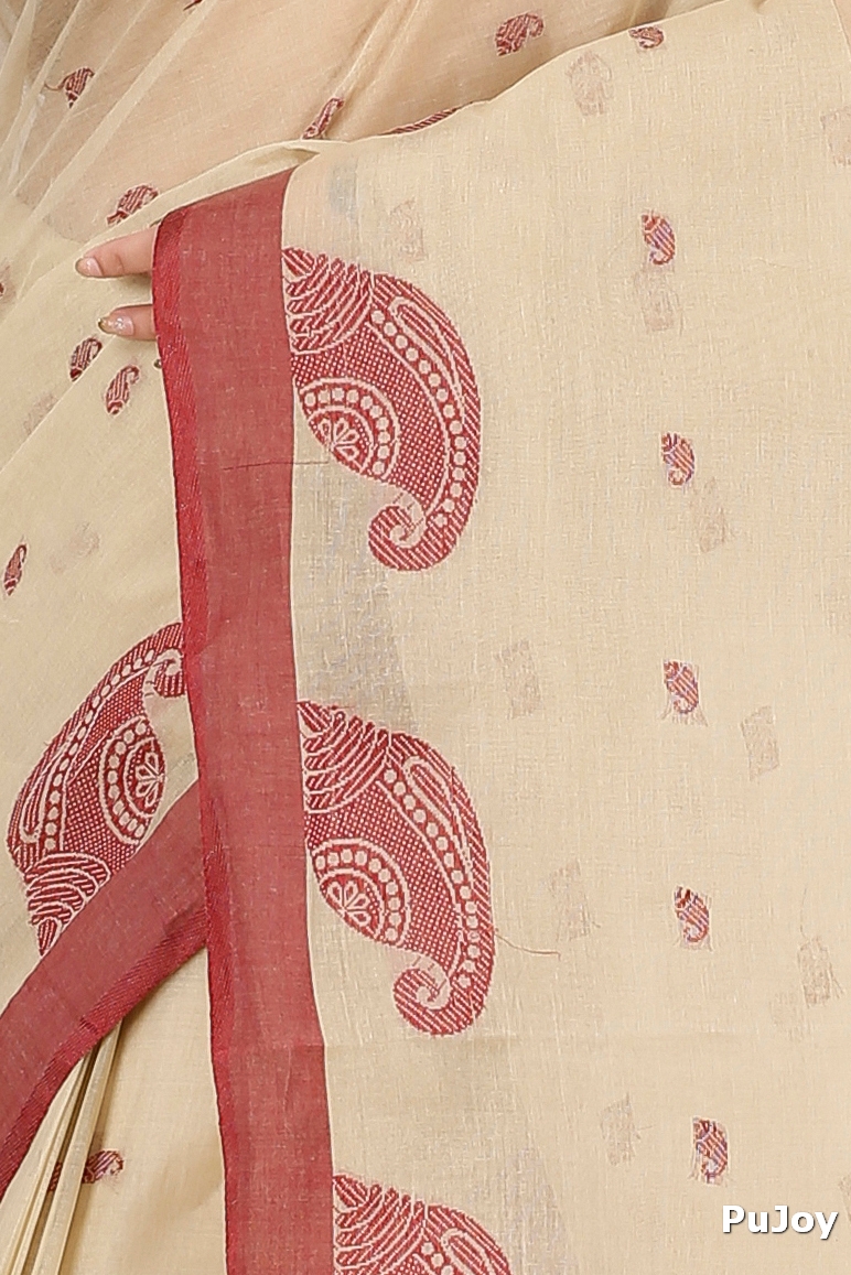 Off-White Pure Cotton Epto Shonko Tant Saree (1480)