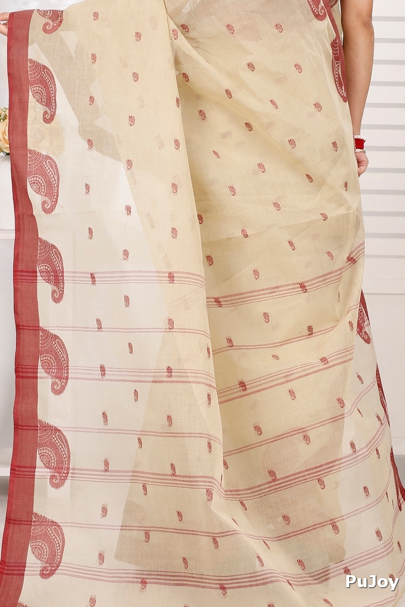 Off-White Pure Cotton Epto Shonko Tant Saree (1480)