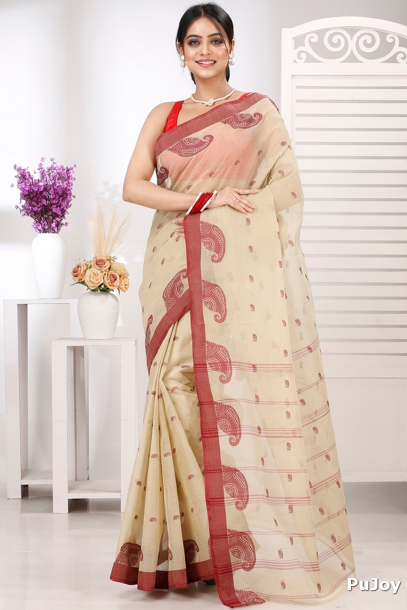 Off-White Pure Cotton Epto Shonko Tant Saree (1480)