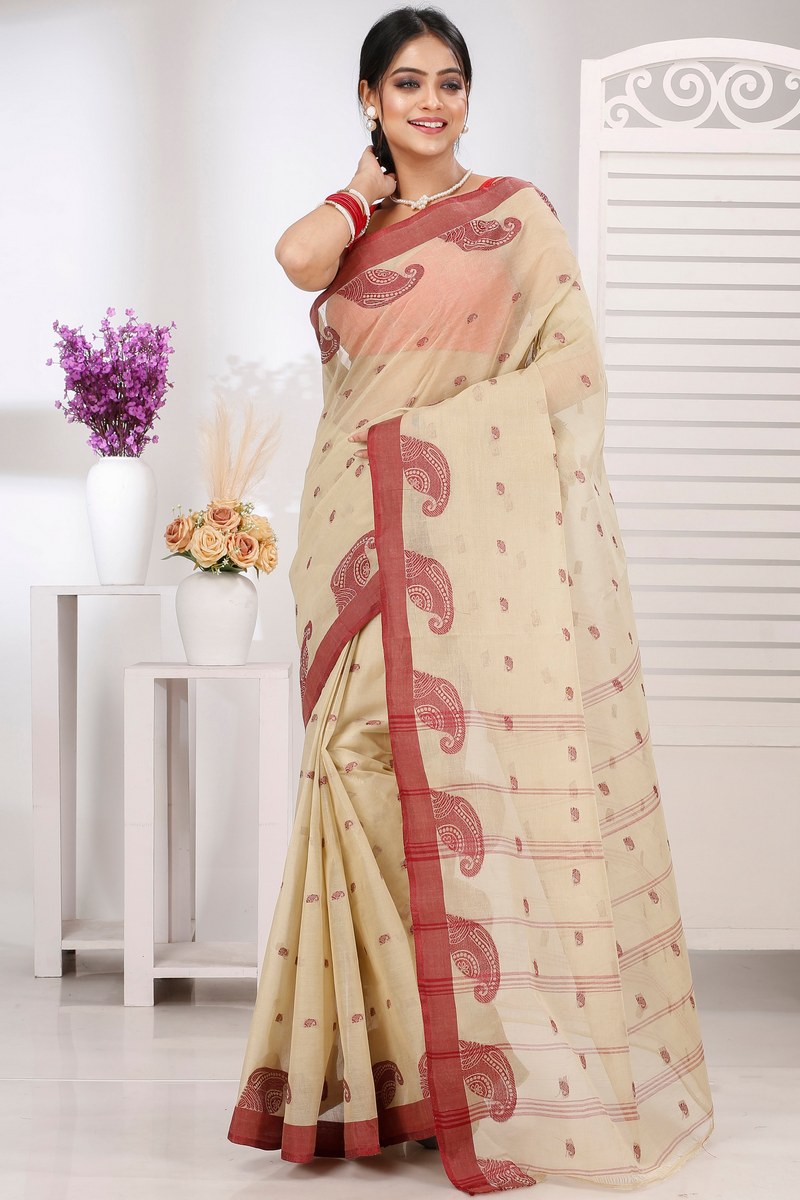 Off-White Pure Cotton Epto Shonko Tant Saree (1480)