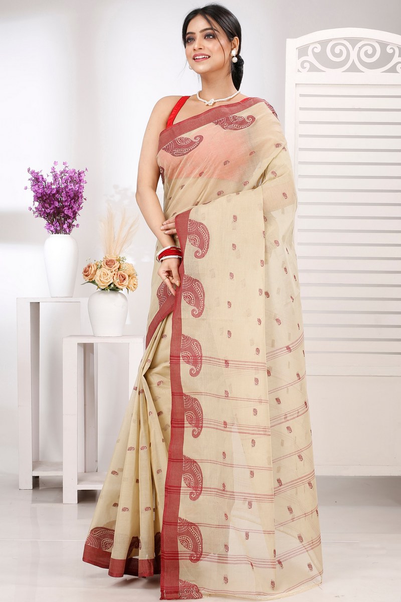Off-White Pure Cotton Epto Shonko Tant Saree (1480)