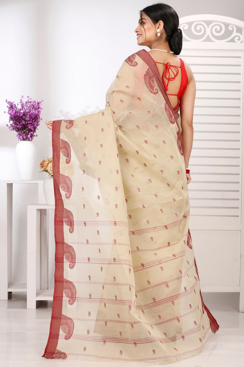 Off-White Pure Cotton Epto Shonko Tant Saree (1480)