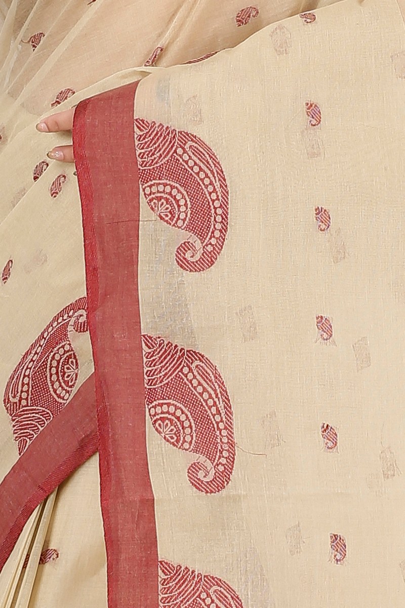 Off-White Pure Cotton Epto Shonko Tant Saree (1480)