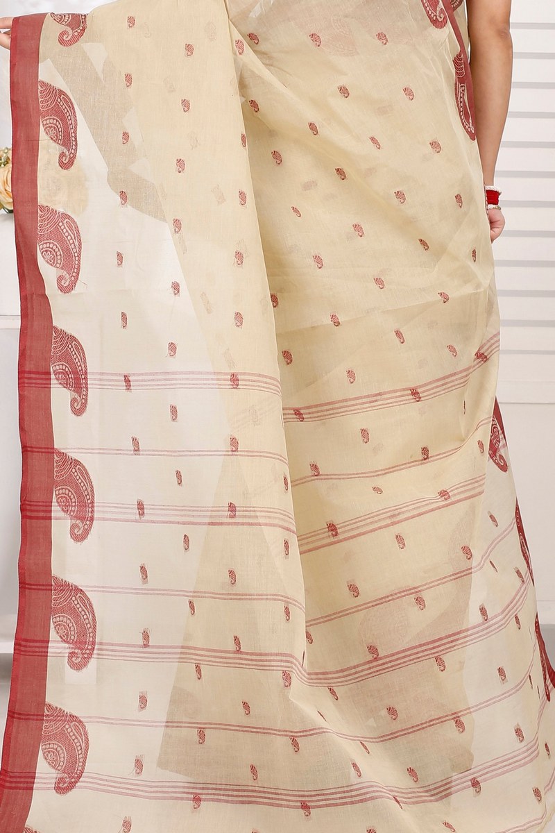 Off-White Pure Cotton Epto Shonko Tant Saree (1480)