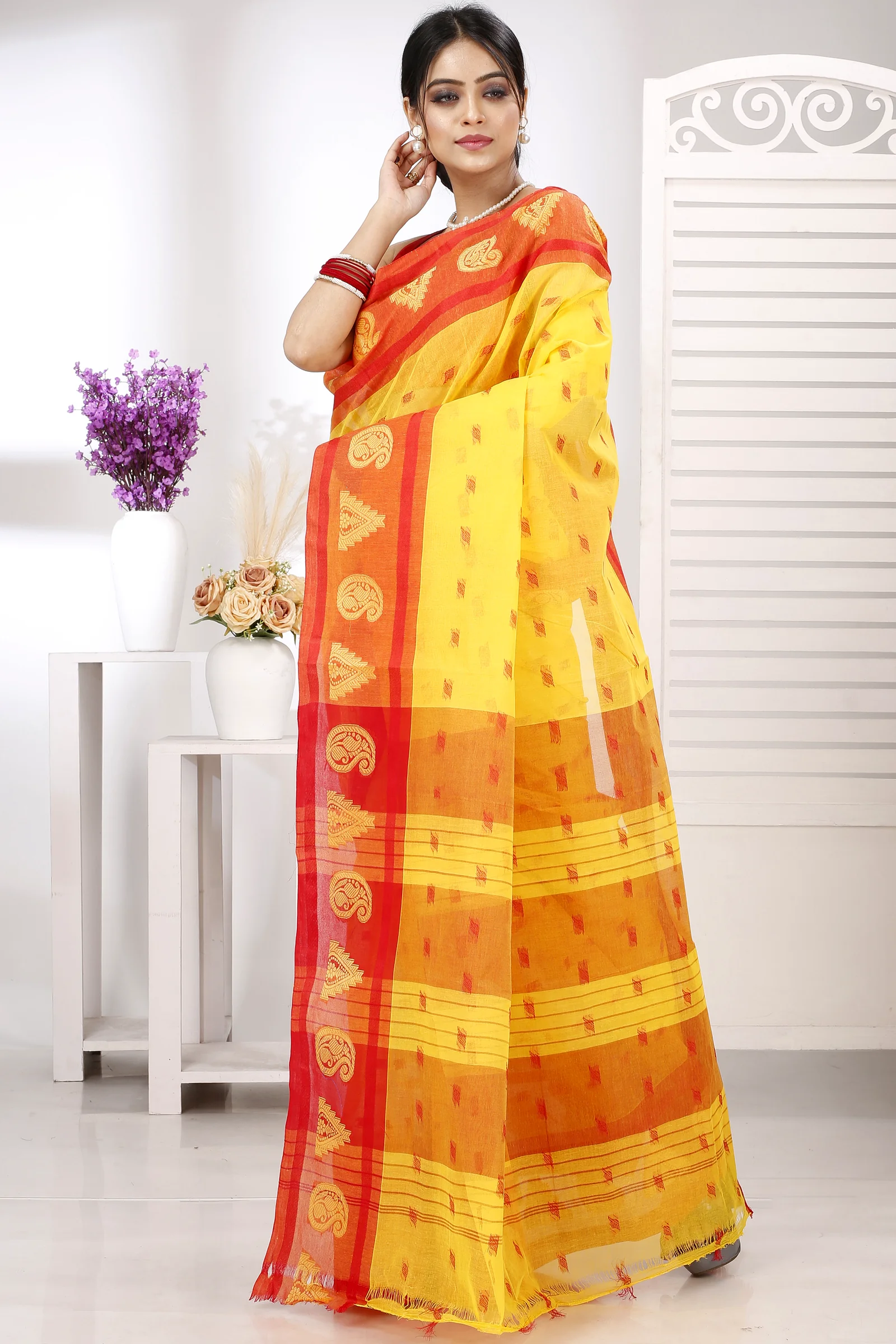 Yellow Pure Cotton Emma Border Tant Saree (1481)