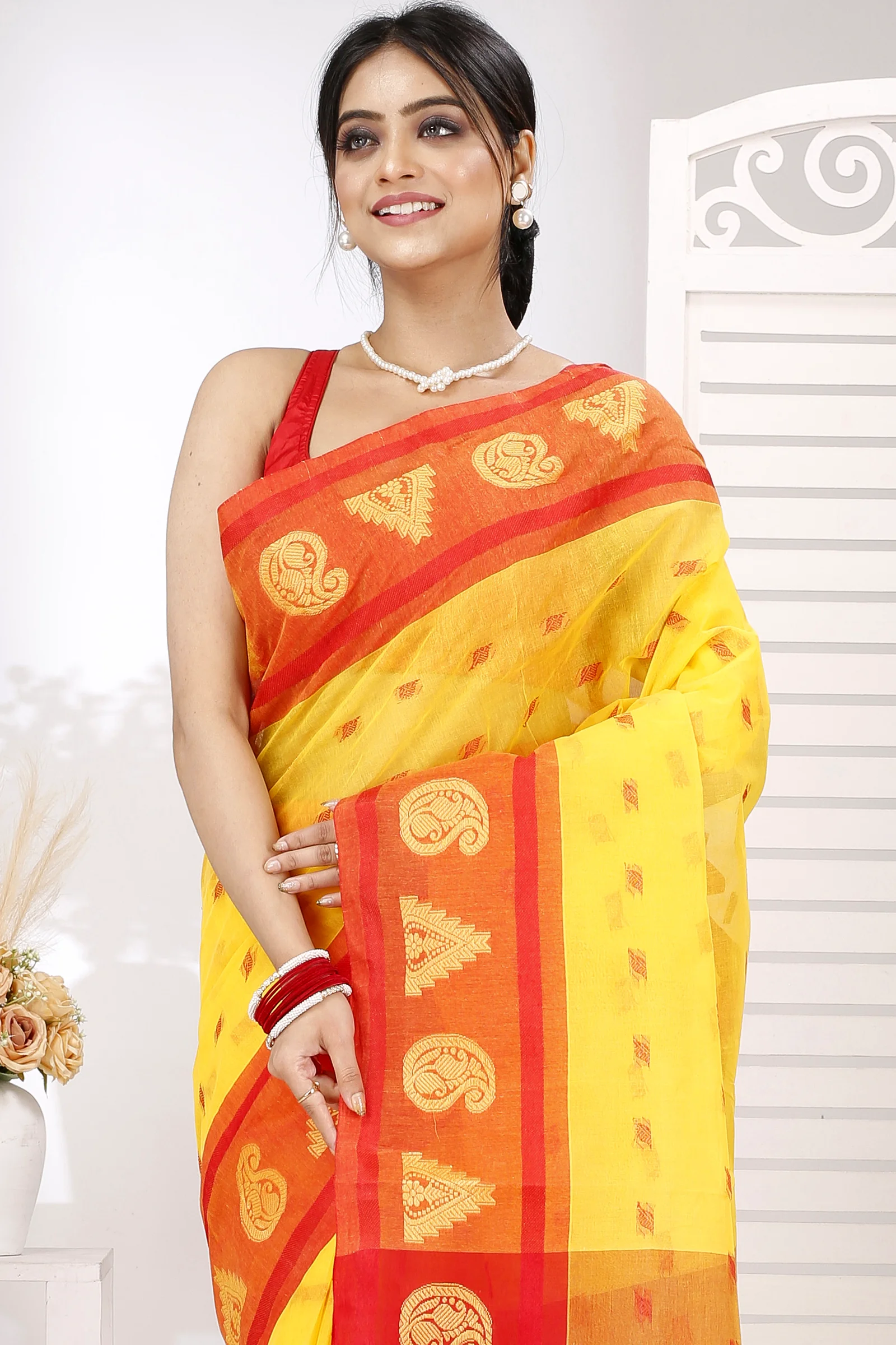 Yellow Pure Cotton Emma Border Tant Saree (1481)
