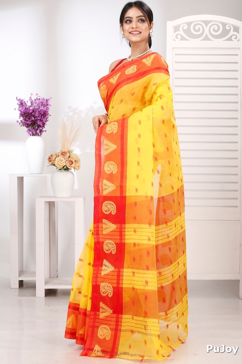 Yellow Pure Cotton Emma Border Tant Saree (1481)