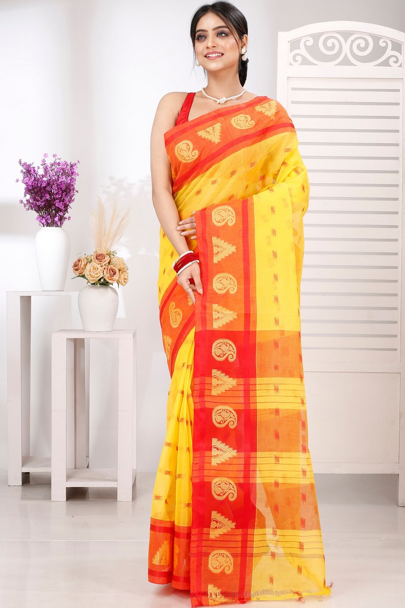 Yellow Pure Cotton Emma Border Tant Saree (1481)
