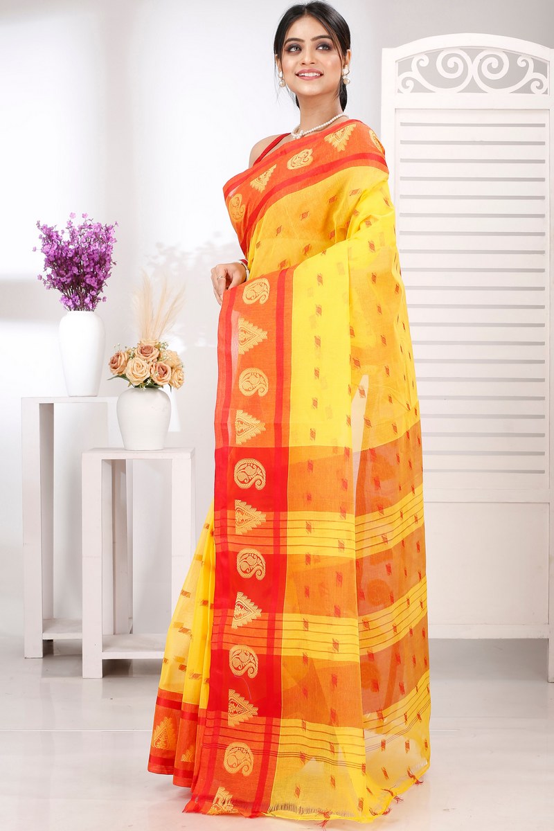 Yellow Pure Cotton Emma Border Tant Saree (1481)