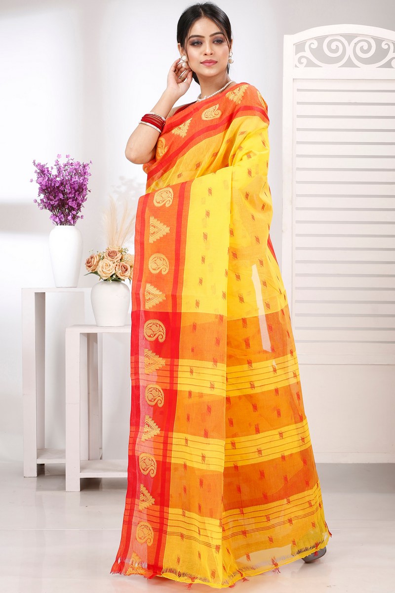 Yellow Pure Cotton Emma Border Tant Saree (1481)