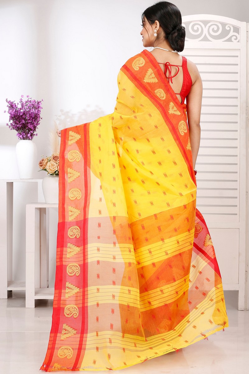 Yellow Pure Cotton Emma Border Tant Saree (1481)