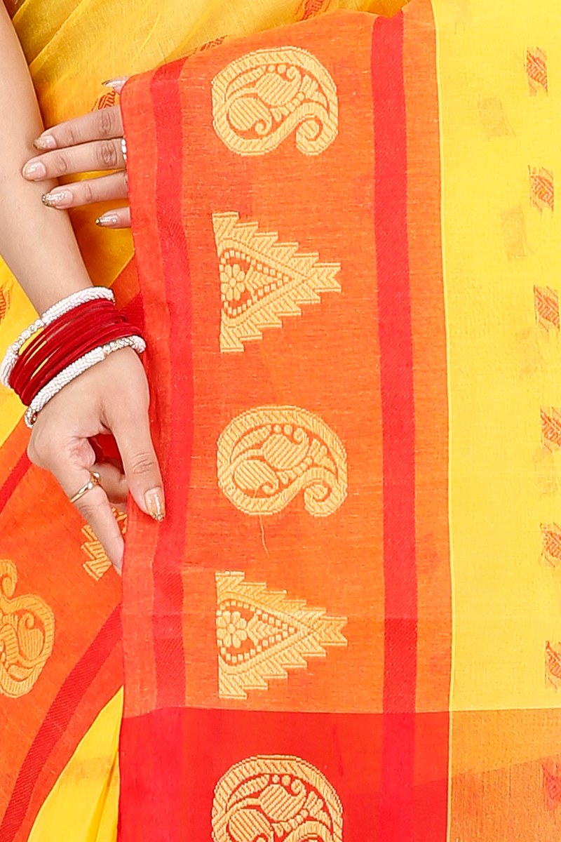 Yellow Pure Cotton Emma Border Tant Saree (1481)