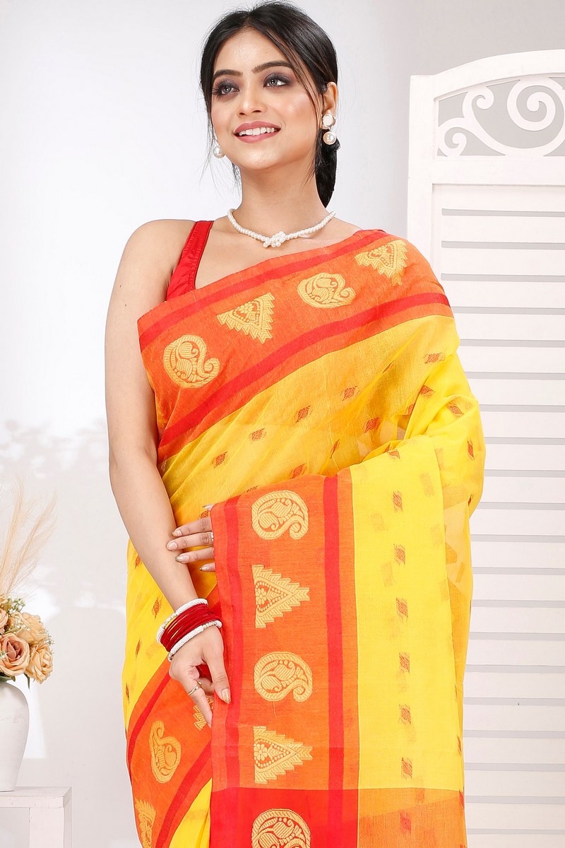 Yellow Pure Cotton Emma Border Tant Saree (1481)
