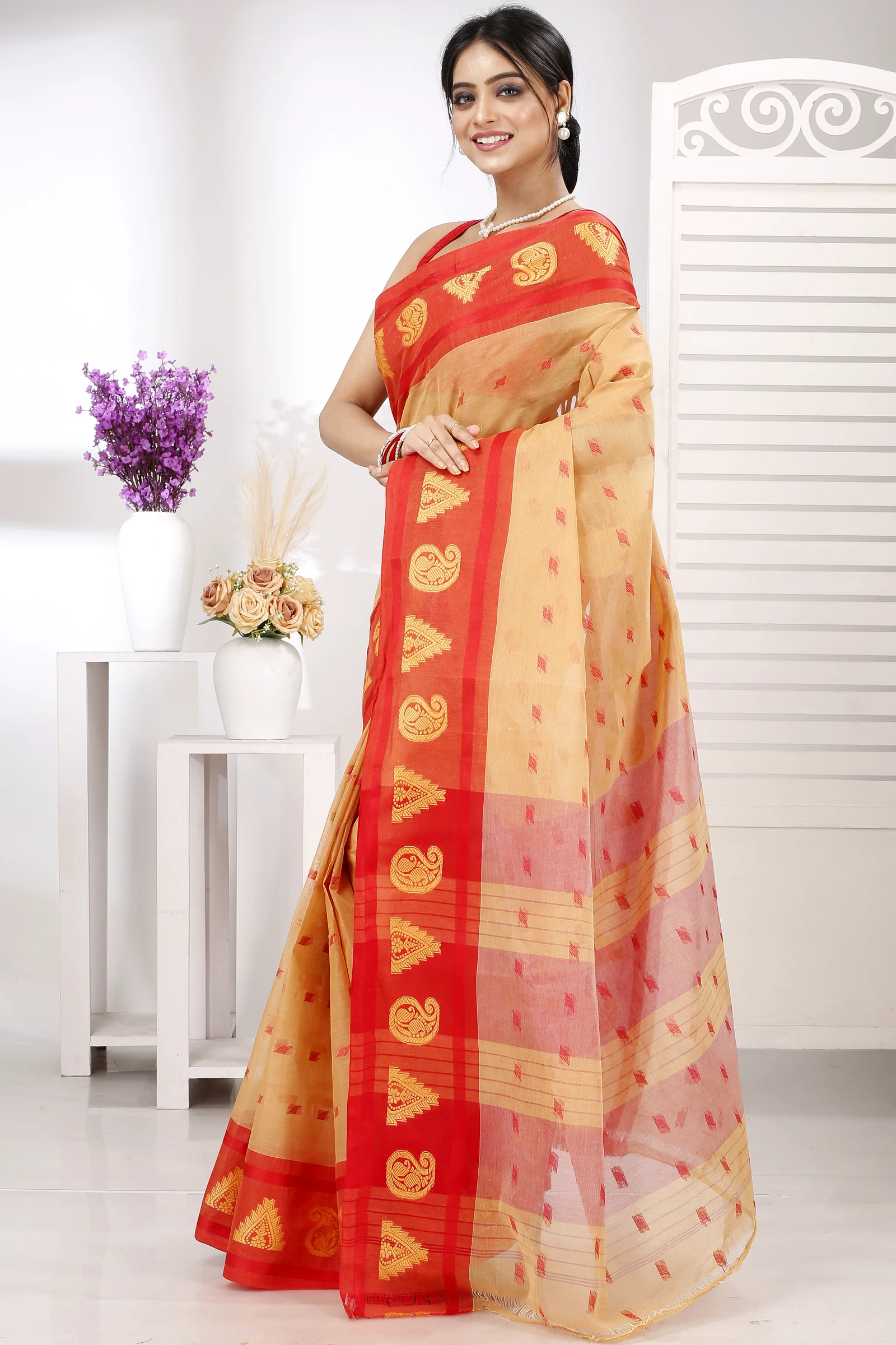 Light Yellow Pure Cotton Emma Border Tant Saree (1482)