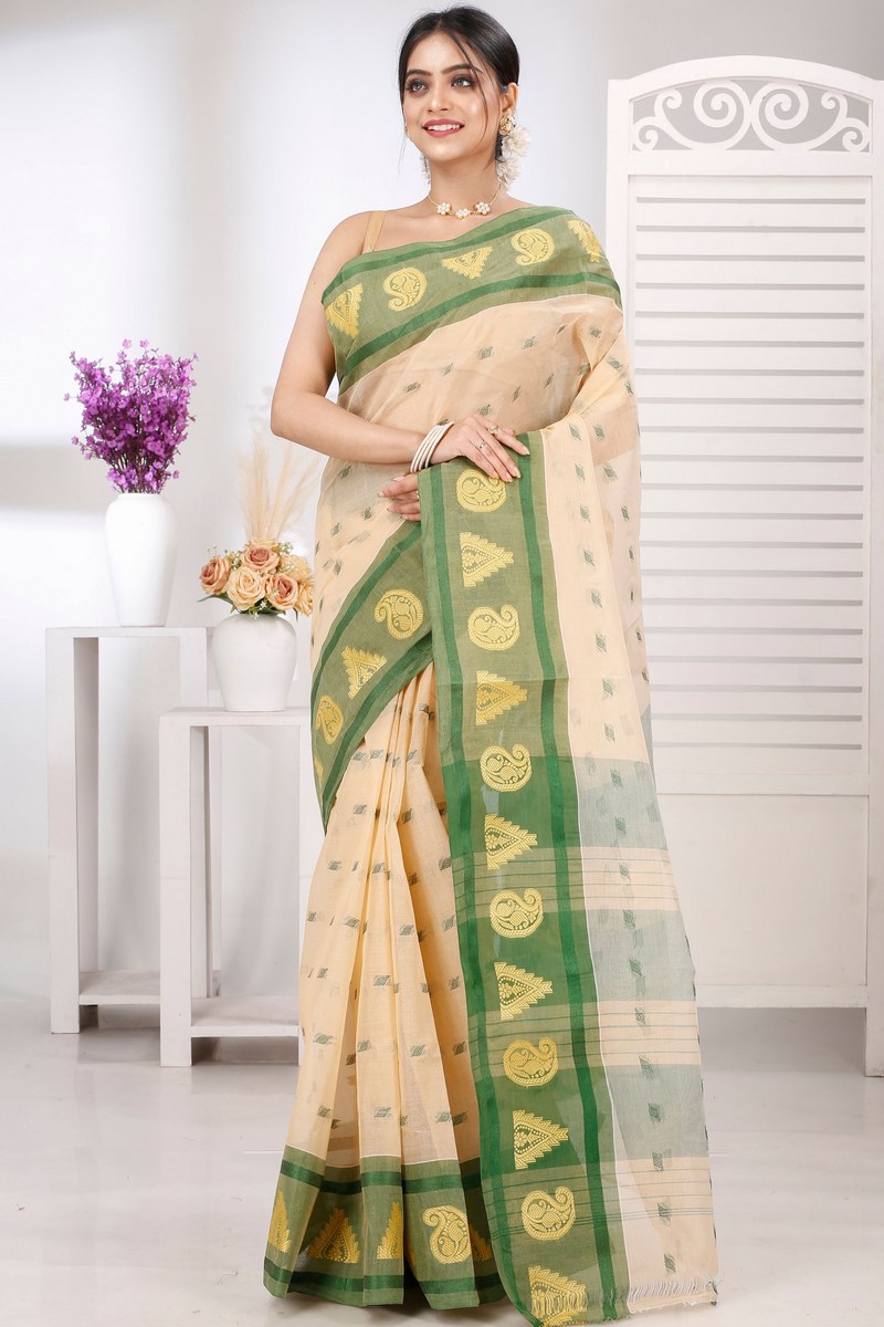 Cream Green Pure Cotton Emma Border Tant Saree (1483)